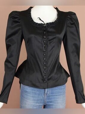 NWT Betsey Johnson Vintage Goth Ruffle Corset Black Satin Bustle Jacket, Size 8